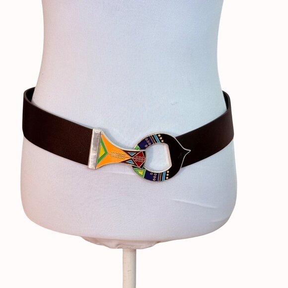 Chicos Geometric Black Leather Belt Colorful Enamel Buckle Statement Fashion - Picture 1 of 16